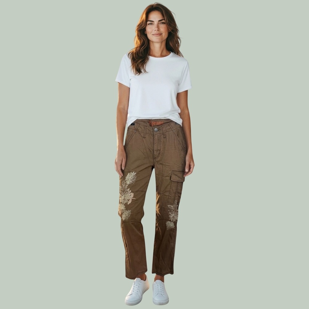 d.jeans Women Brown Floral Embroidered Cargo Pants 8T Utility Y2K Fairycore Boho